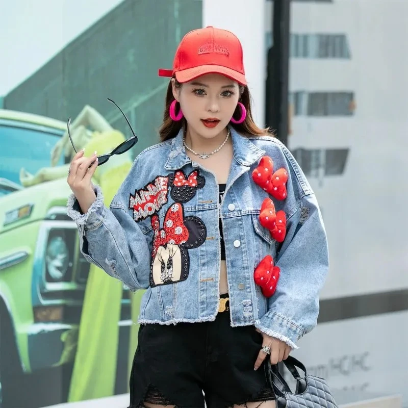 

MINISO Fashion Brand Jeans Coat Women's Spring Autumn New Heavy Industry Cartoon Sequins Chaqueta High Denim Coats