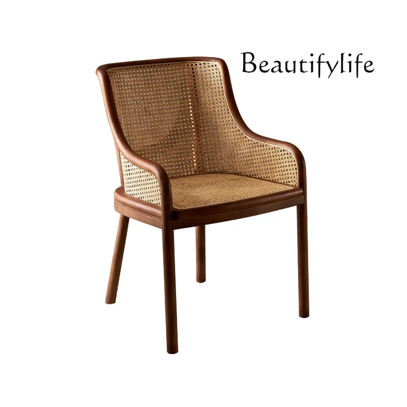 

Light luxury dining chair rattan Nordic backrest recliner B & B solid wood home soft bag medieval chair hotel