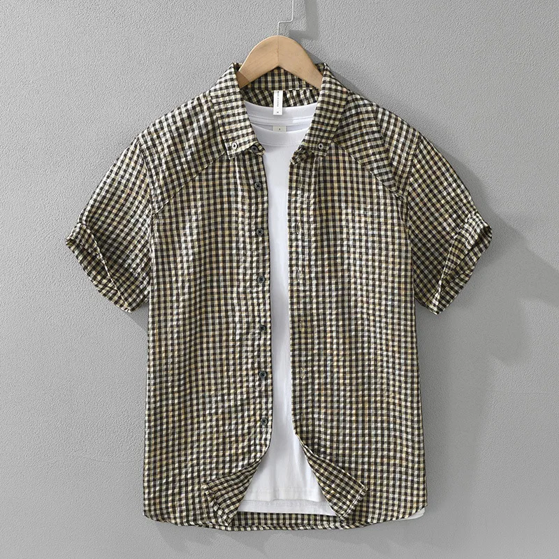 Japanese trendy checkered short sleeved shirt for men, fashionable and versatile comfortable and breathable casual and loose top