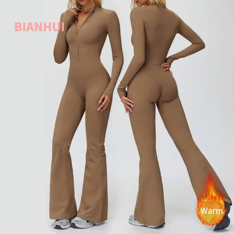 

BIANHUI осенне-зимний цельный комбинезон с воротником-стойкой на флисовой подкладке, теплый спортивный комбинезон для йоги, женский спортивный костюм с широкими штанинами для бега и фитнеса