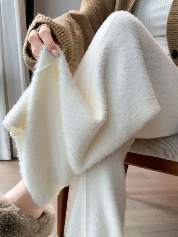 

Мягкие и нежные белые вязаные брюки из норки с высокой талией, широкими штанинами, повседневные, удобные, осенне-зимняя женская одежда, длина в пол