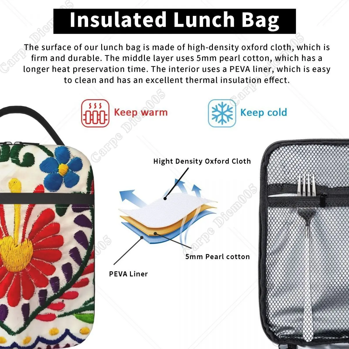 Fiambreras portátiles con estampado 3D de flores mexicanas, refrigerador térmico impermeable, bolsa de almuerzo con aislamiento para alimentos,