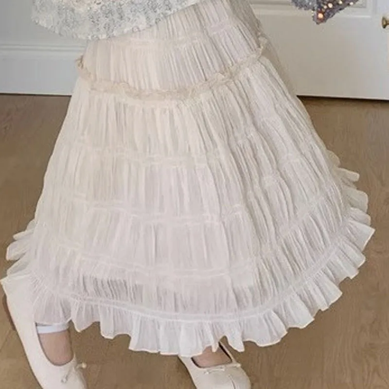 Girls Long Skirt Solid Color Ladies Style Children's Skirt Summer Baby French Fashion Casual Versatile Lace Half Length Skirt