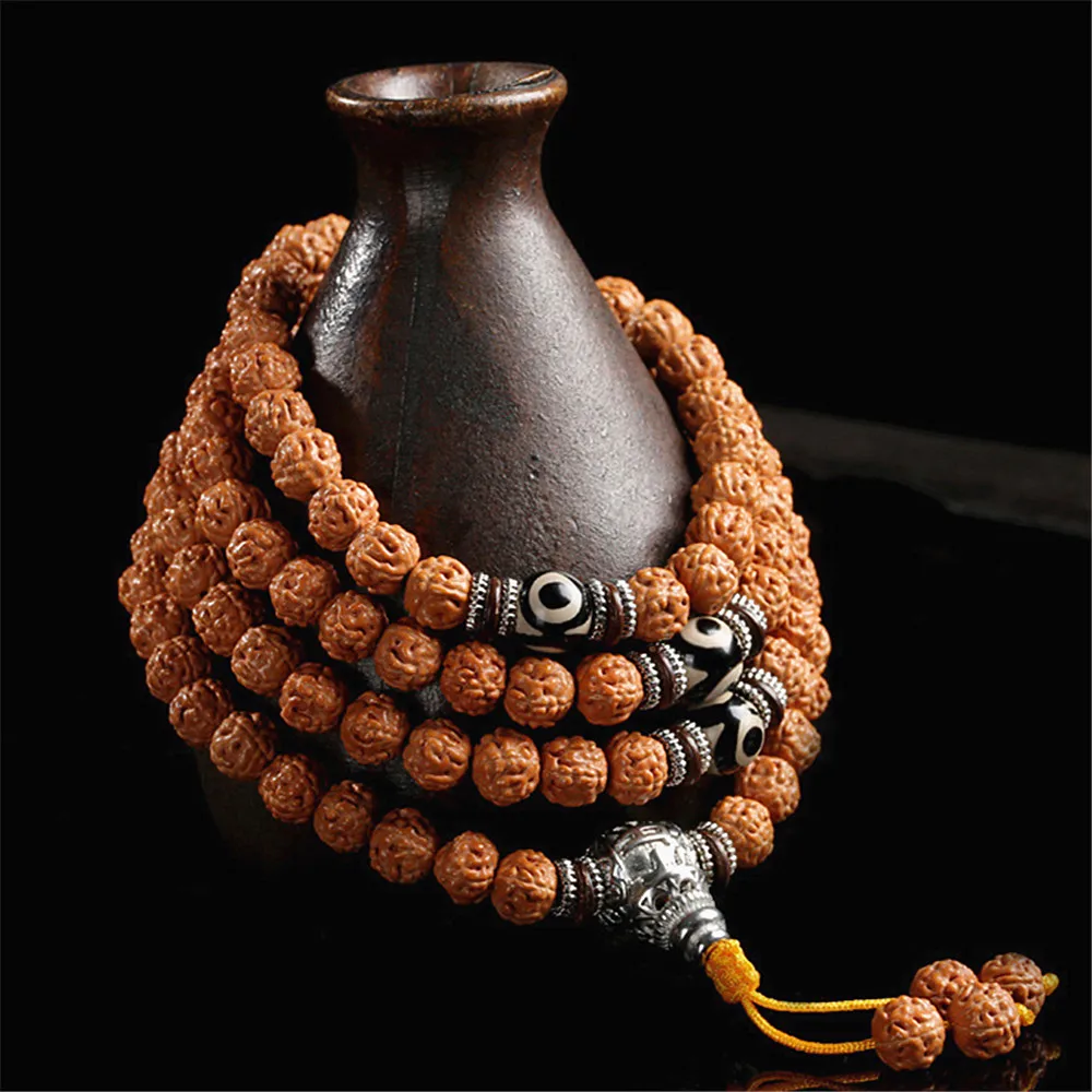 Natural 108 Bodhi Bracelets Yellow Skin Tibetan King Kong Bodhi Beads Necklace Rosary Three Eyed Dzi Buddhist Meditation Jewelry