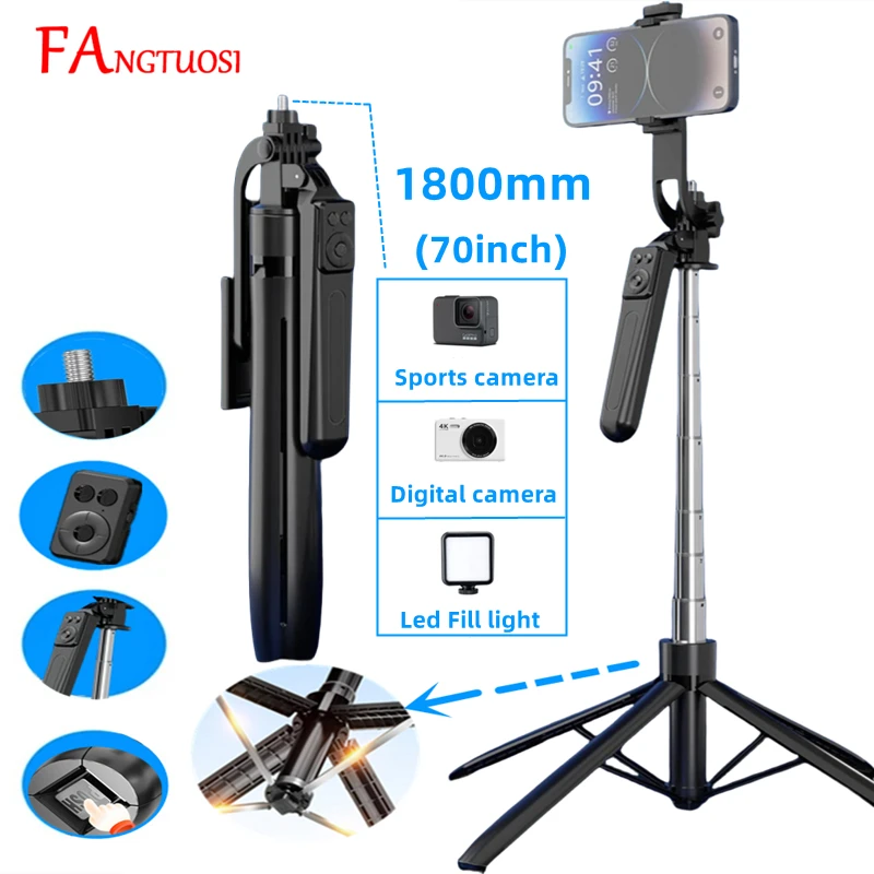 FANGTUOSI 1800mm statyw do aparatu w smartfonie, statyw z migawką Bluetooth bezprzewodowy kij do selfie stały uchwyt wspornikowy