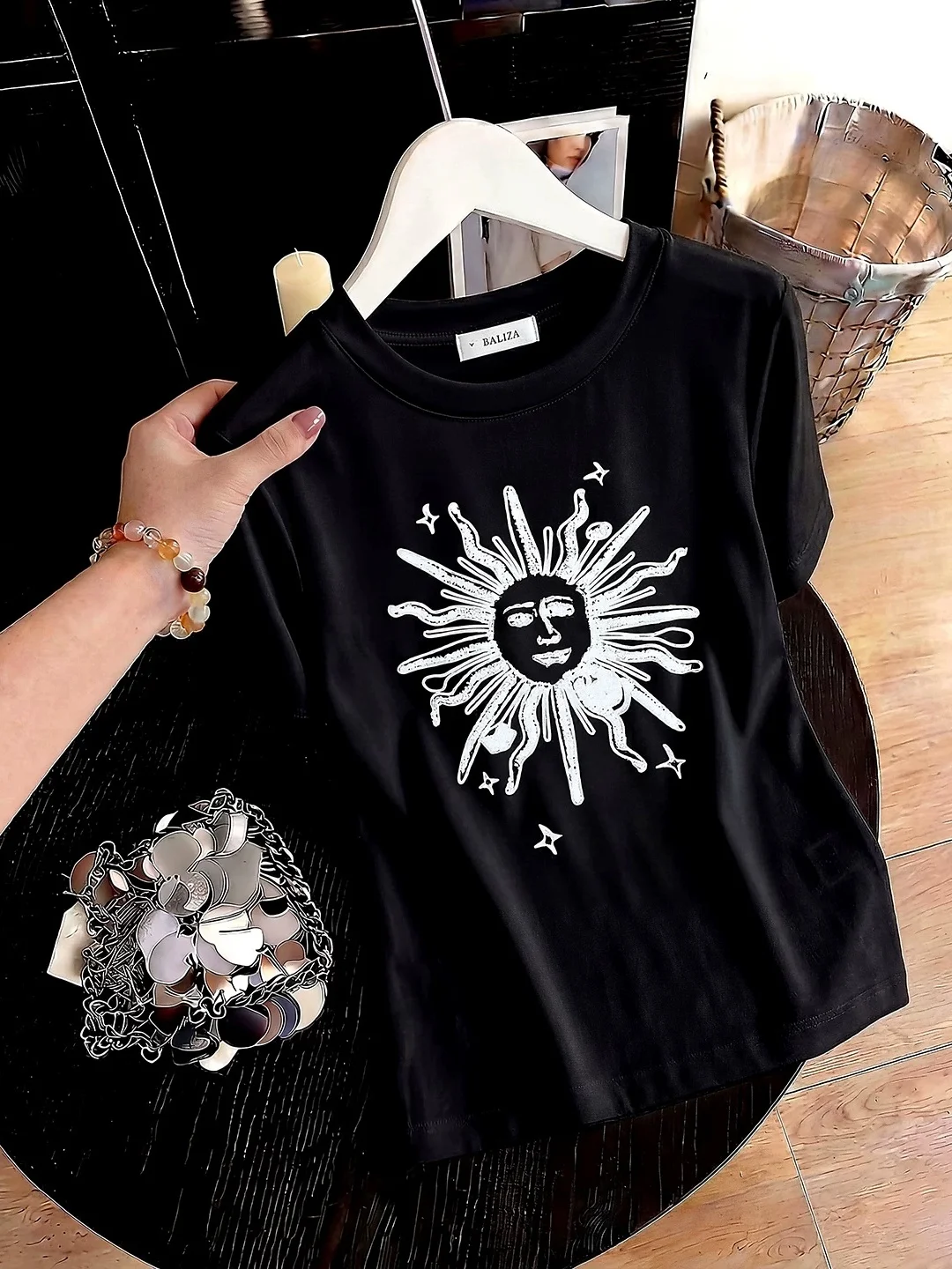 Fashionable Black Embroidered Sequin Pure Cotton Short Sleeve Women's T-shirt Summer Loose Belly Covering Age-Defying Top