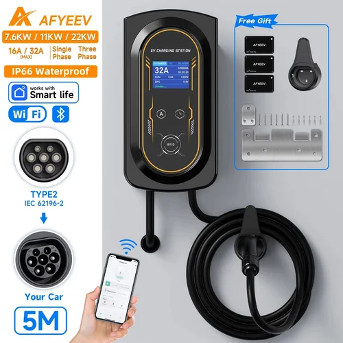 AFYEEV 11KW/22KW nuevo Type2 IEC62196-2 16A/32A EV estación de carga 7.6KW cargador de caja de pared de coche eléctrico aplicación remota Control enchufe CEE