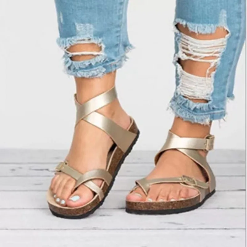 Sandalias planas de piel sintética para mujer, chanclas informales para playa, talla grande 43, 2023