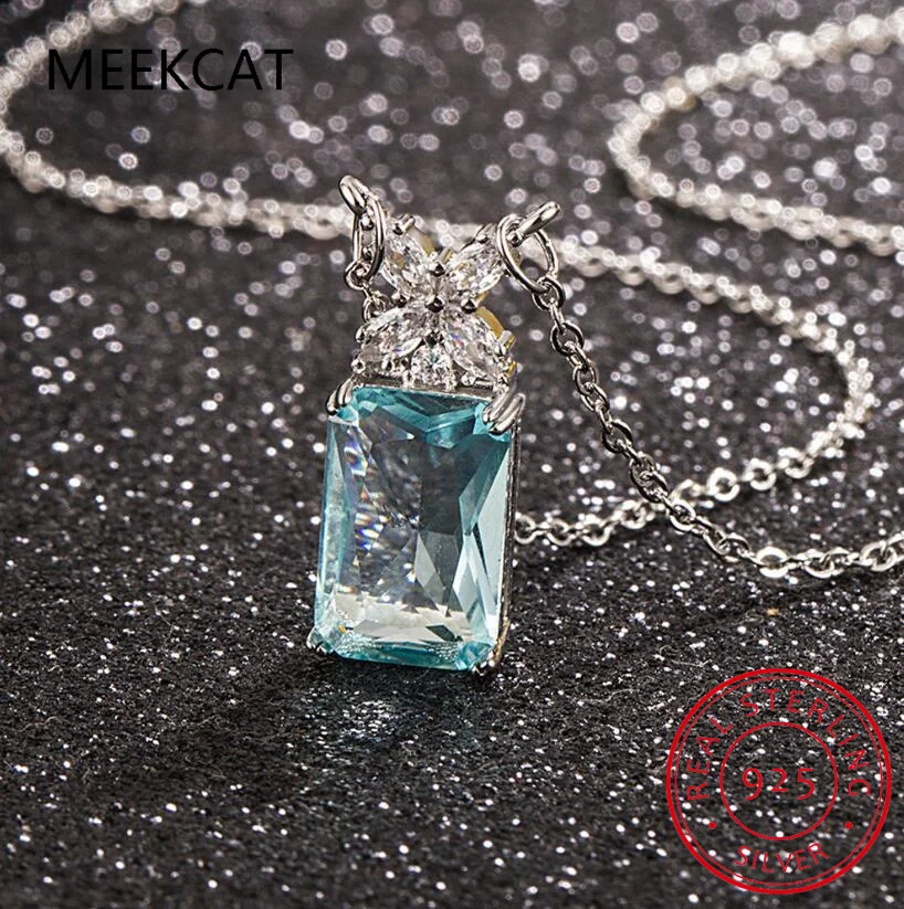 

Emerald Cut Natural Sky Blue Topaz 925 Sterling Silver Flower Pendant Necklace for Woman Ice Cut Rectangle Gemstone Jewelry