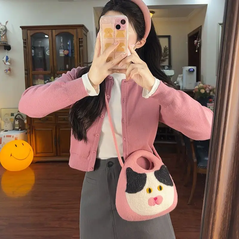 Pink Rose Red Black Cute Plush Cat Face Crossbody Bag Fuzzy Calico Cat Top Handle Shoulder Handbag Phone Purse for Women Girls