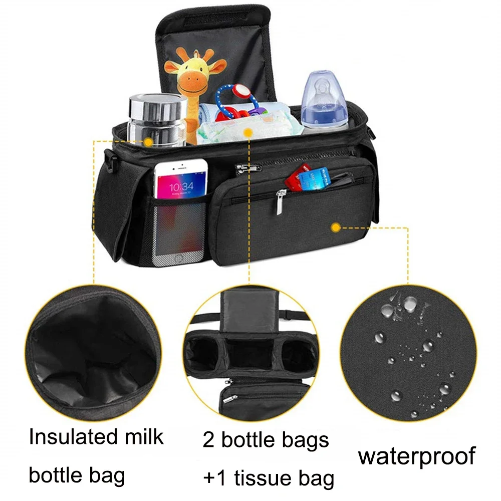 Bebê Stroller Organizador com 2 Isolados Titular Cup, destacável bolso com zíper, Alça de Ombro Ajustável, Universal Stroller A