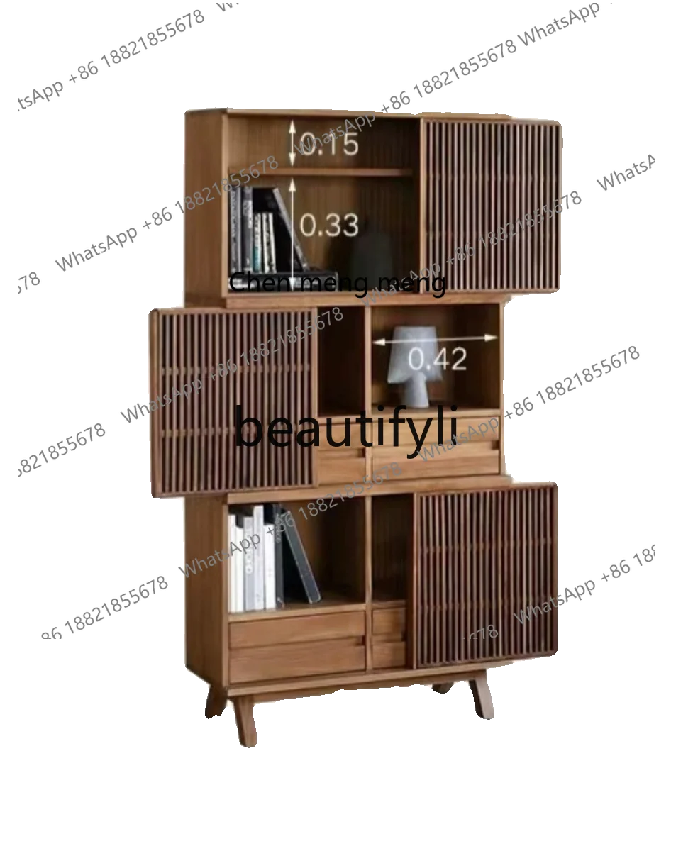X Walnut Wood Lattice Solid Wood Bookcase Floor-standing Storage Display Cabinet for Study Room