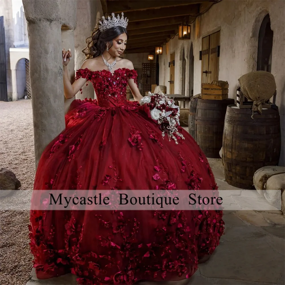 Customized Burgundy Lace Ball Gown Quinceanera Dresses 2024 Beaded 3D Flower Sweet 16 Dress Lace-up Corset Vestidos De 15 Años