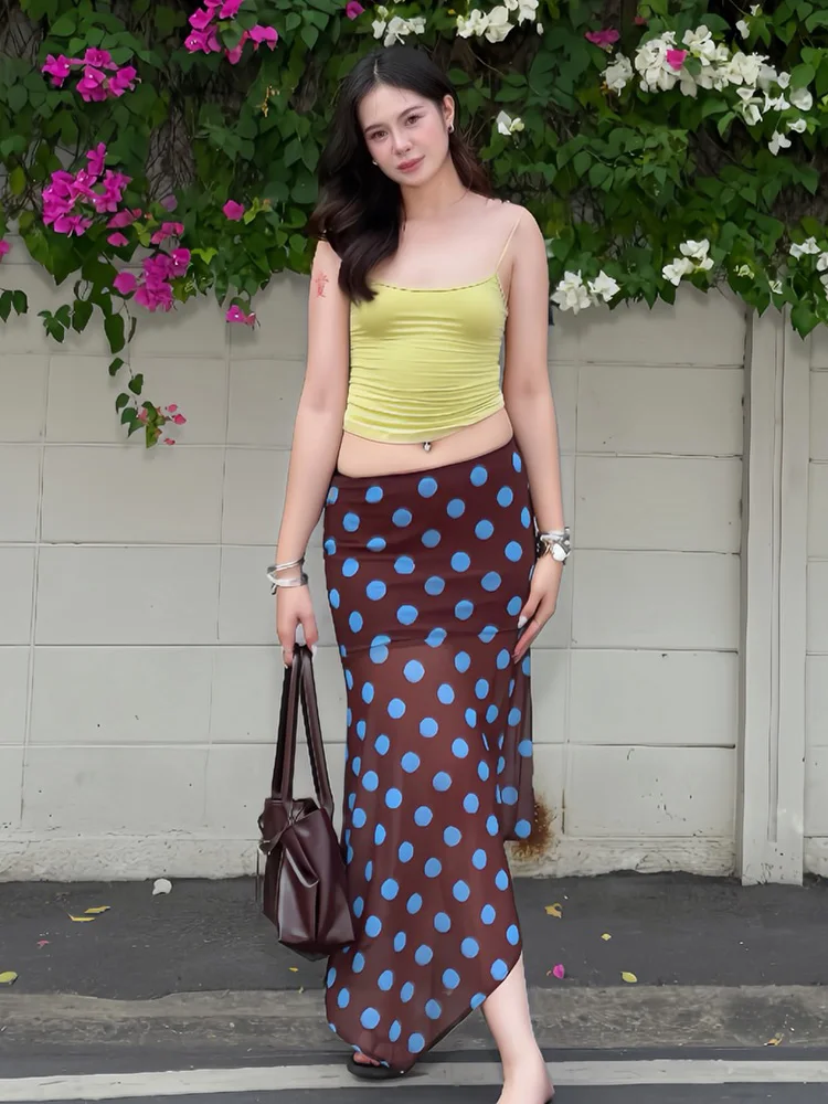 HH Women Summer New Pleated Sleeveless Hanging Neck Collar Top+Elegant Asymmetric  A-Line Zipper Midi Skirt Wave Point Suit