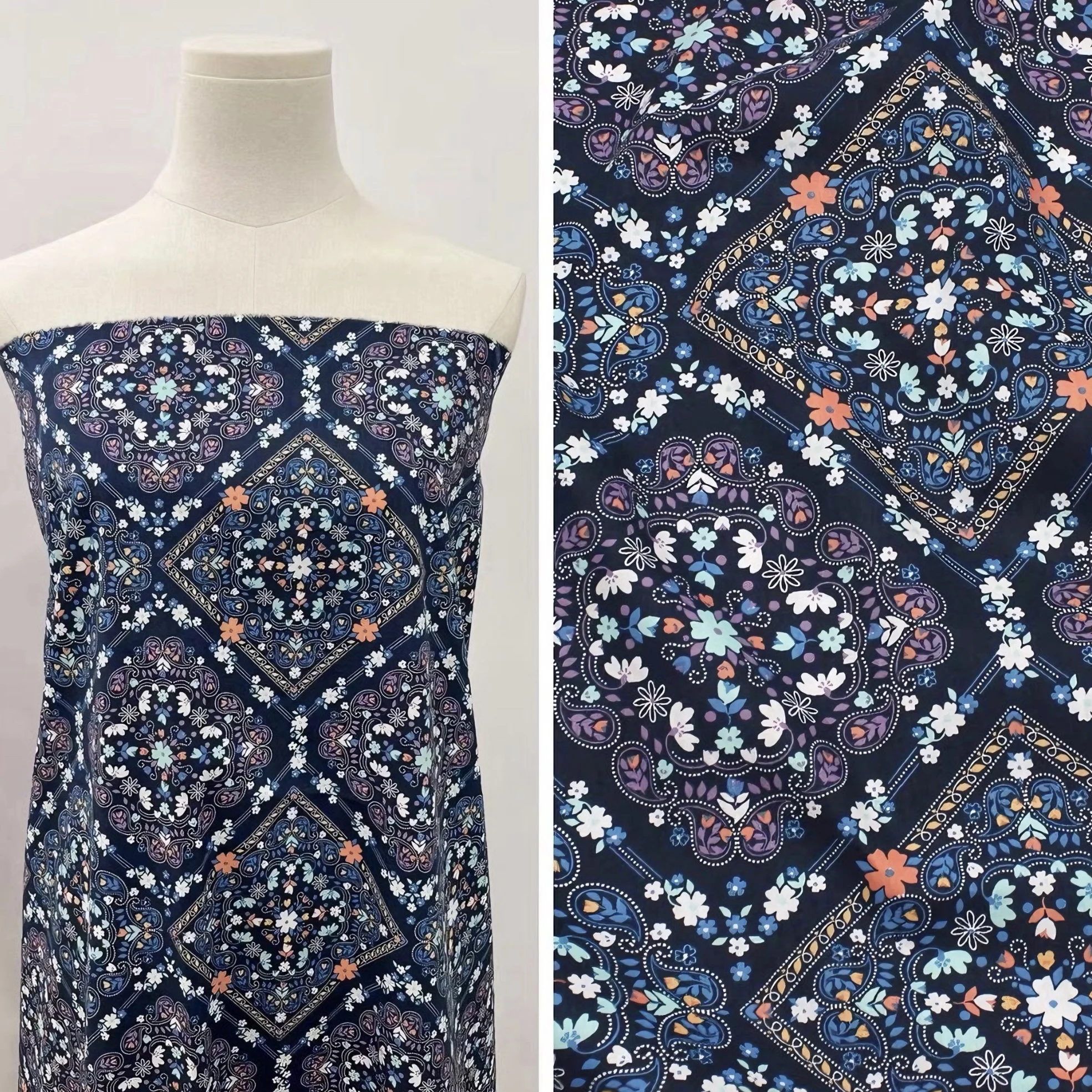 Dark Blue Paisley Patterned 100% Cotton Fabric Colorful Floral Print Bohemian Design for Fashion Sewing Quilting Craft Projects