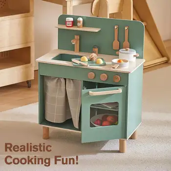 兒童益智廚房玩具套裝,食物烹飪遊戲玩具,綠色木製廚房玩具,含廚房用具配件 10 最佳銷售 兒童烹飪套裝 - №5