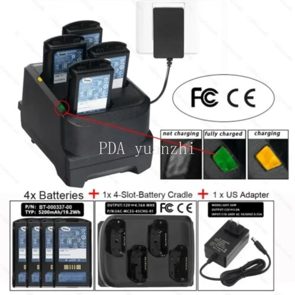 4-Slot Battery Charging Cradle + Adapter Power + 4pcs Batteries For Zebra MC3200 MC3300 MC330M MC330K