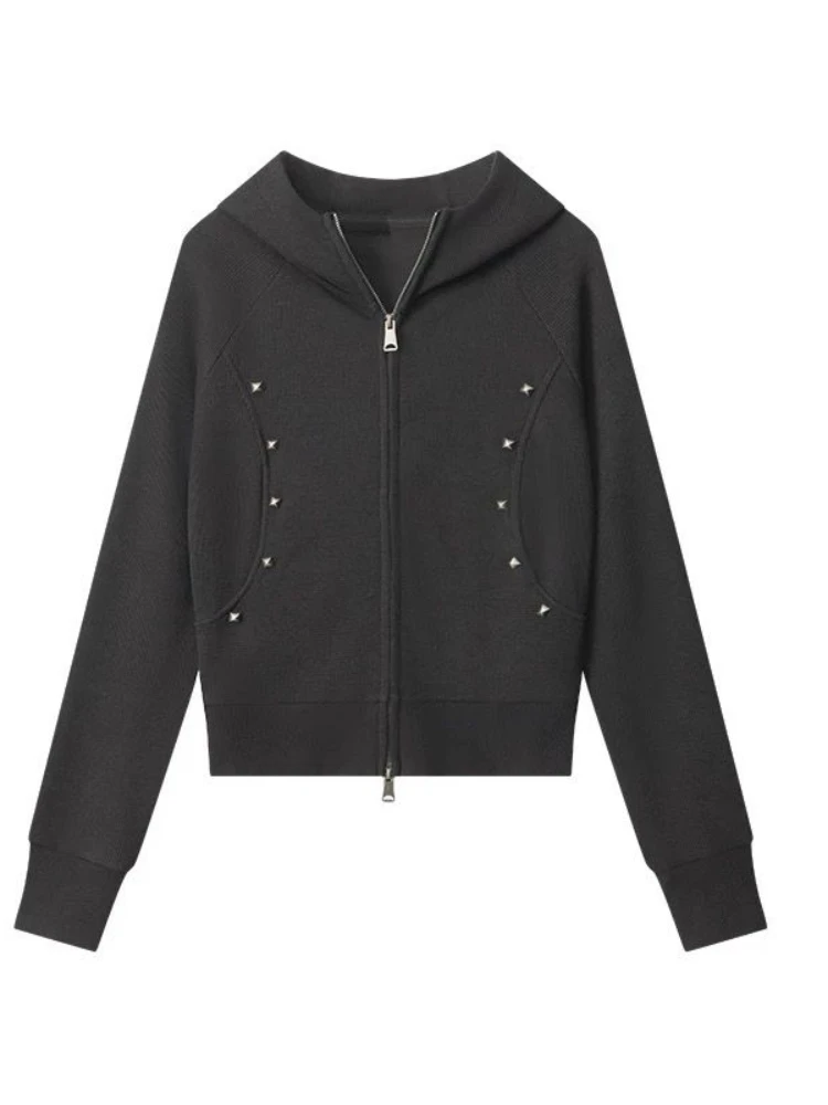 American retro double zipper women's cardigan slim fit hooded sweatshirt autumn and winter spicy girl trend top millennium style