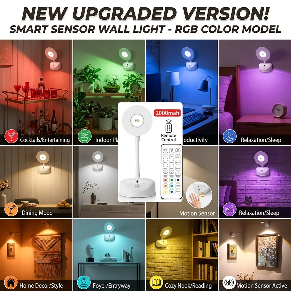 

Набор настенных светильников RGB LED с датчиком движения, 16 цветов, диммируемые, беспроводные, ночник, 2000 мАч, USB-C, перезаряжаемые, магнитные, для картин