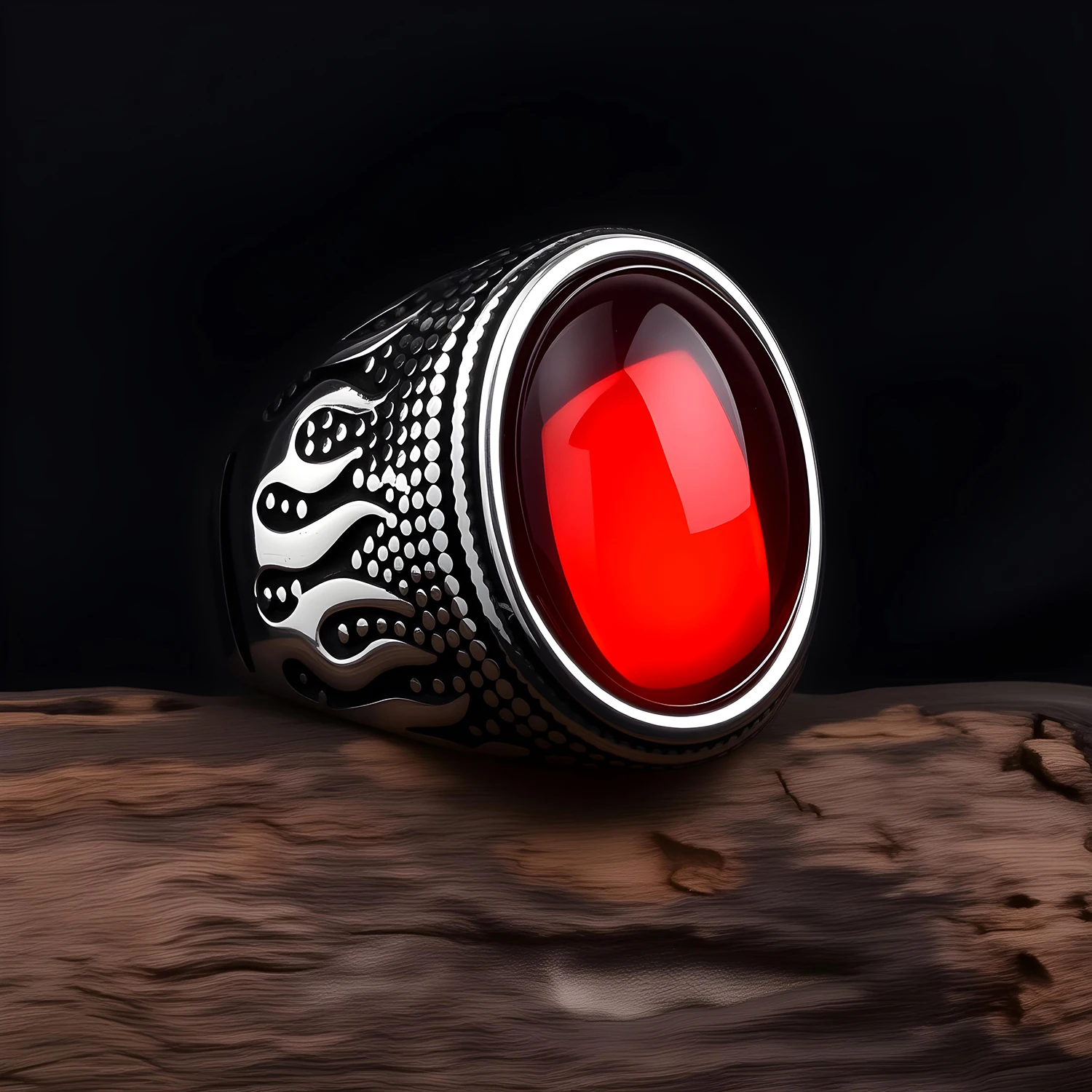 Vintage Punk Flame Carved Stainless Steel Signet Ring Natural Oval Tiger Eye Gem Male Fashion Band - view 4