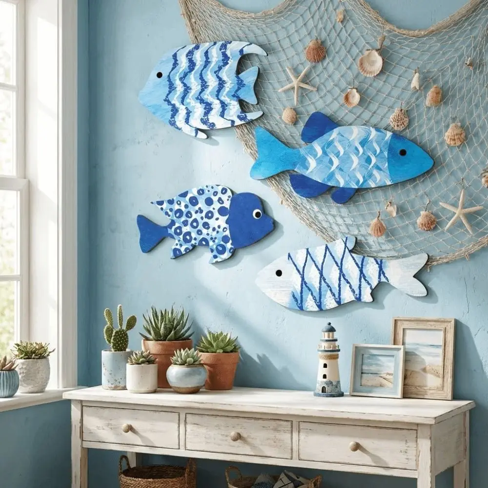 

Marine Style Wooden Fish Wall Decor Ocean Theme School of Fish Carving Fish Pendant Handcrafted Rustic Fish Hanging Decor