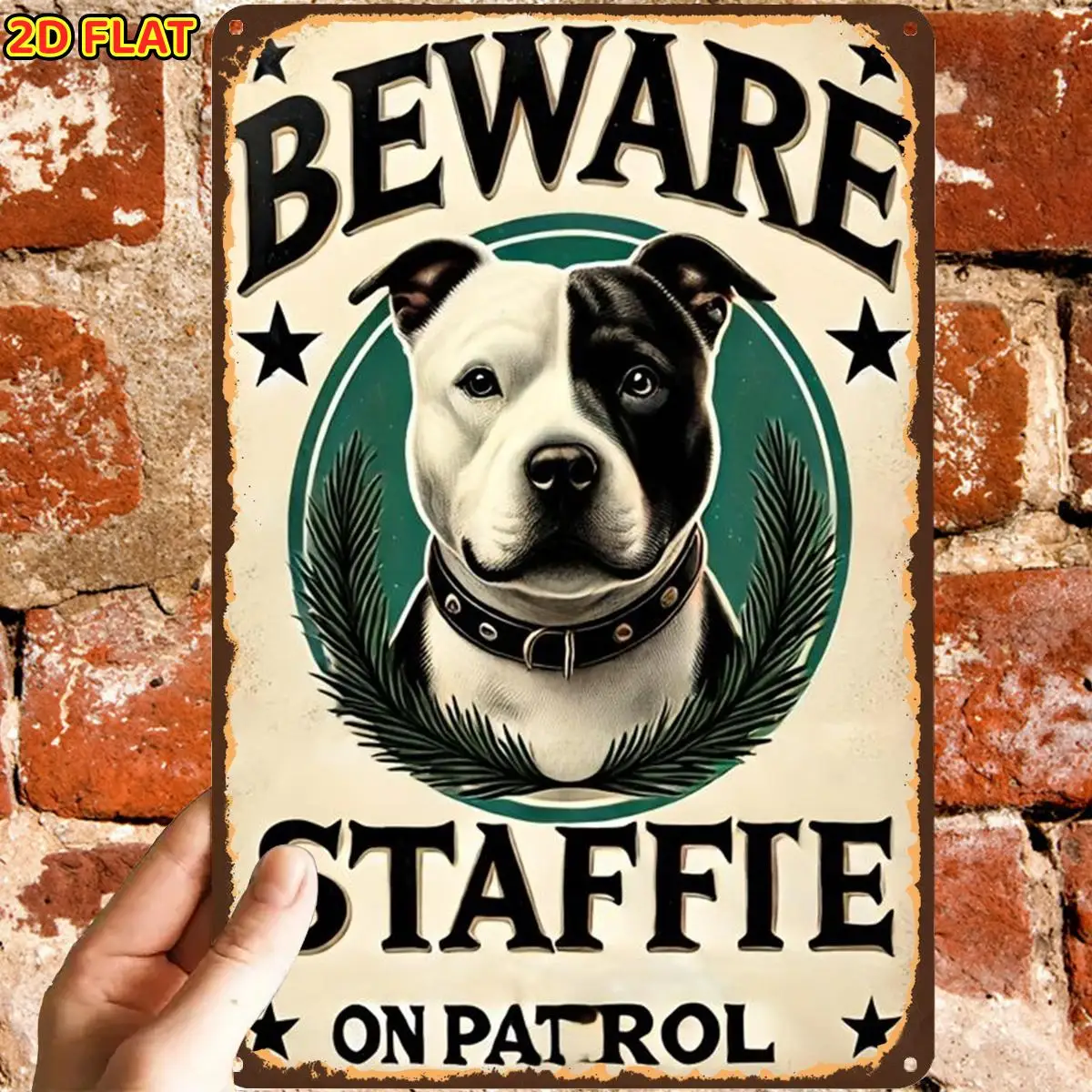2D Flat, 1pc, Beware Staffie on Patrol Vintage Sign, Metal  Ideal for Indoor, Garden, Outdoor, Home, Office, And Restroom Decor