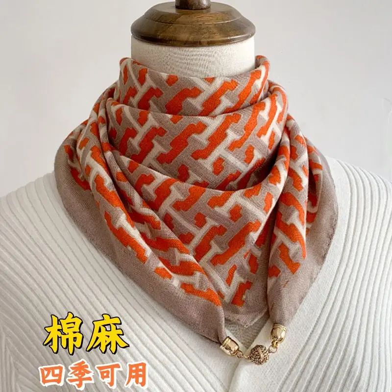 2024 NEW Fashion Magnetic Buckle Cotton and Linen scarf headband for women\'s neck protection