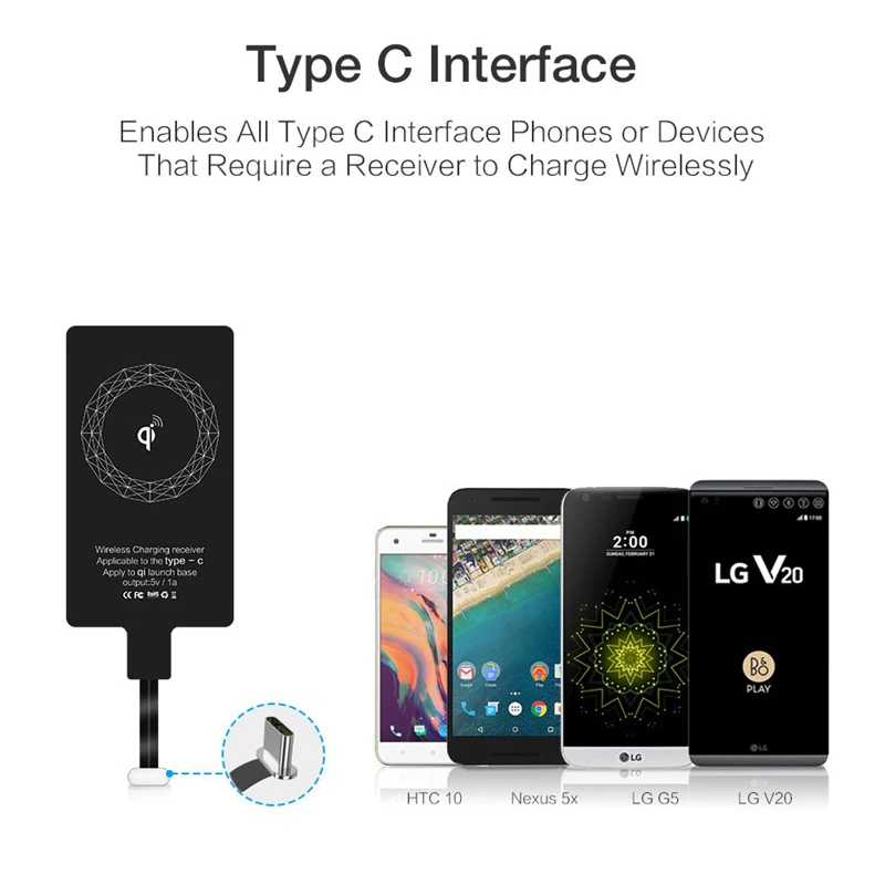 Receptor de Carregamento Sem Fio Rápido, Adaptador Universal Micro USB Tipo C Carregador, Samsung, Huawei, Xiaomi, iPhone 5, 6, 7, 8 Pin