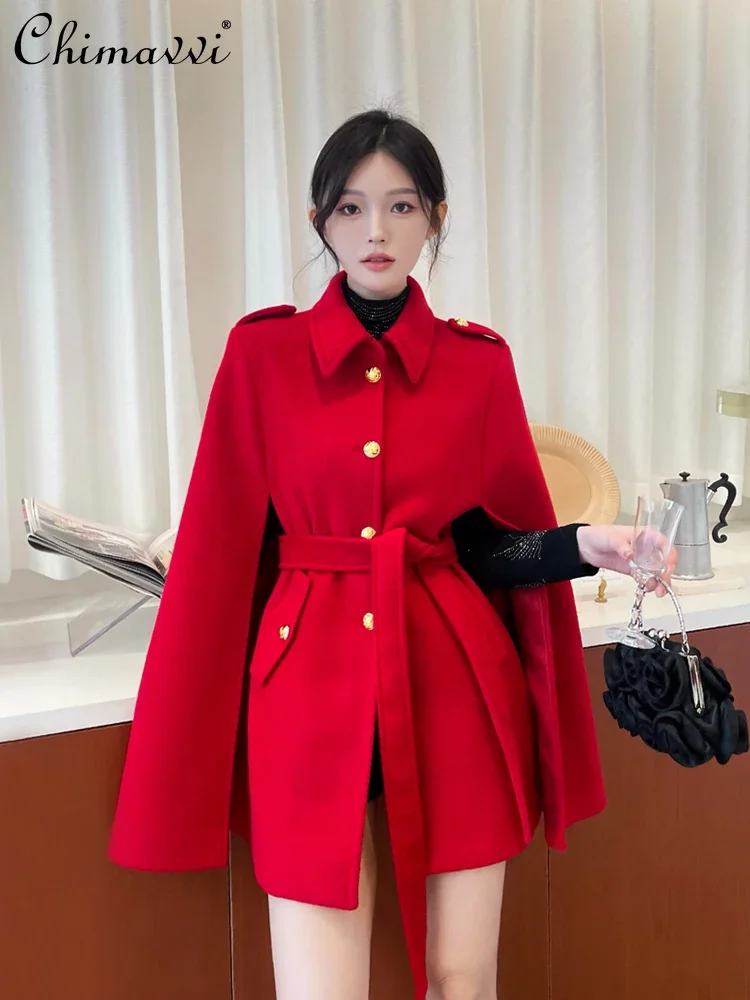 Red Cape Woolen Coat Women's 2025 Winter New Korean Fashion High-end Single-breasted Loose Waist Lace-up Woolen Shawl Jacket