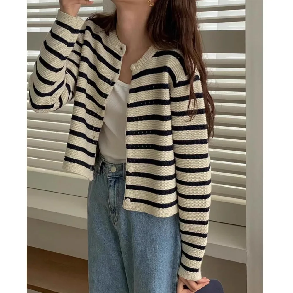 سترة نسائية محبوكة من Thiened مستديرة Ne شريطية للتخسيس ناعمة للخريف والشتاء ملابس خارجية كورية