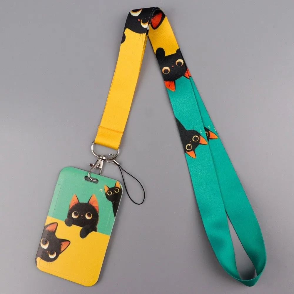 

Black Cat Credential Holder Lanyards DIY Hang Rope Adjustable Length Keys Neck Strap Multi-Purpose Retractable