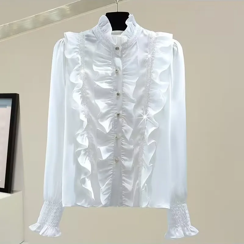 Fashion Victorian Women OL Office Ladies White Shirt High Neck Frilly Ruffle Cuffs Shirts Female Blouse Cuffs Blouse Autumn