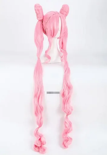 Sailor Chibi Peruca Cosplay, Chibiusa, Cabelo sintético, Resistente ao calor, Rosa, Super longa, Boné, 120cm