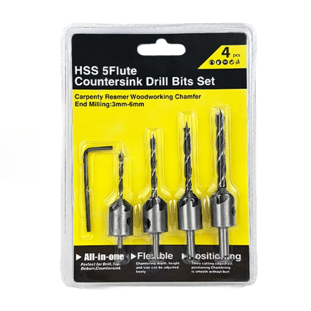 HSS Countersink Drill Bits Set 4pcs for Wood Projects Including 3mm 6mm Bits Adjustable Depth Control and Smooth Chip Ejection