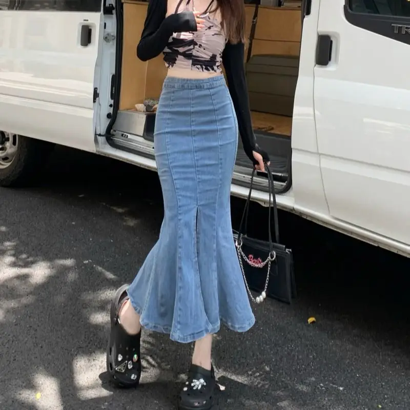 

Jeans Skirts for Women Blue Wrap with Slit Woman Denim Skirt High Waist Y2k Vintage Stylish Summer 2025 Chic and Elegant Premium