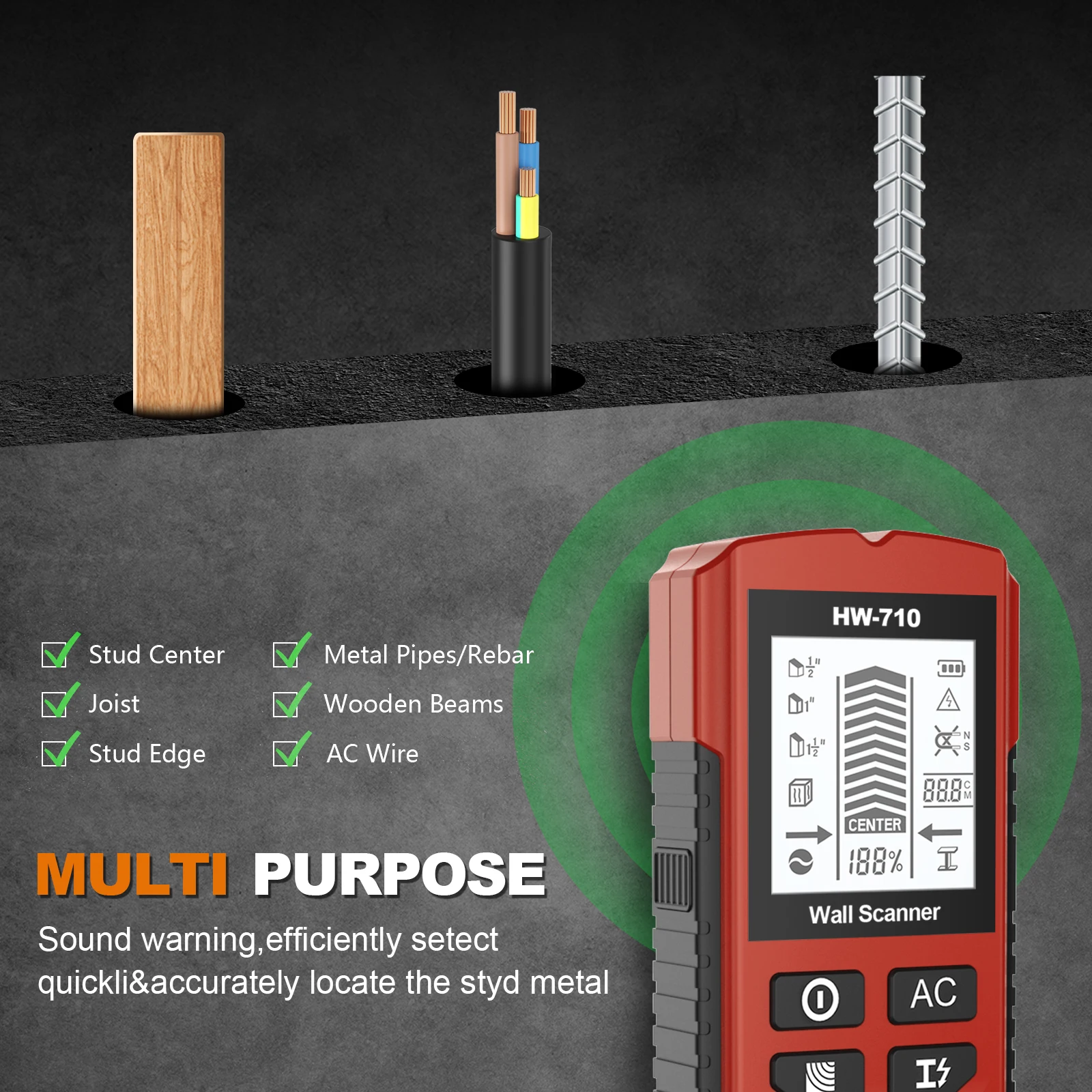 Yieryi New Stud Finder Wall Scanner Wood Studs Metal Detecion AC Voltage Live Wire Cable Metal Depth Measurement Wall Detector