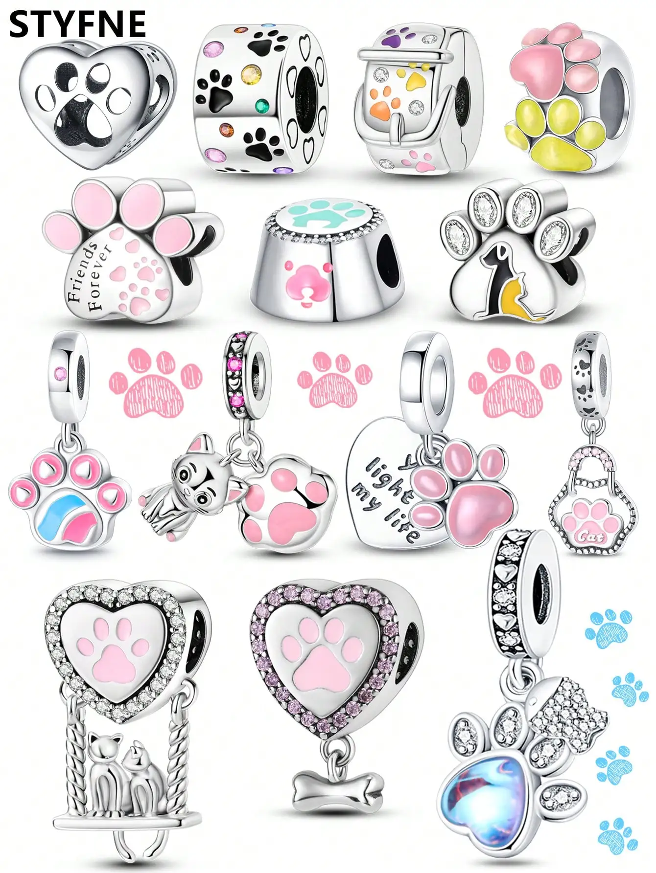 925er Silber vergoldet, Original-Charms, niedliche Katzenpfote, Haustierperlen, passend für Armbänder, Damenschmuck, Geschenk
