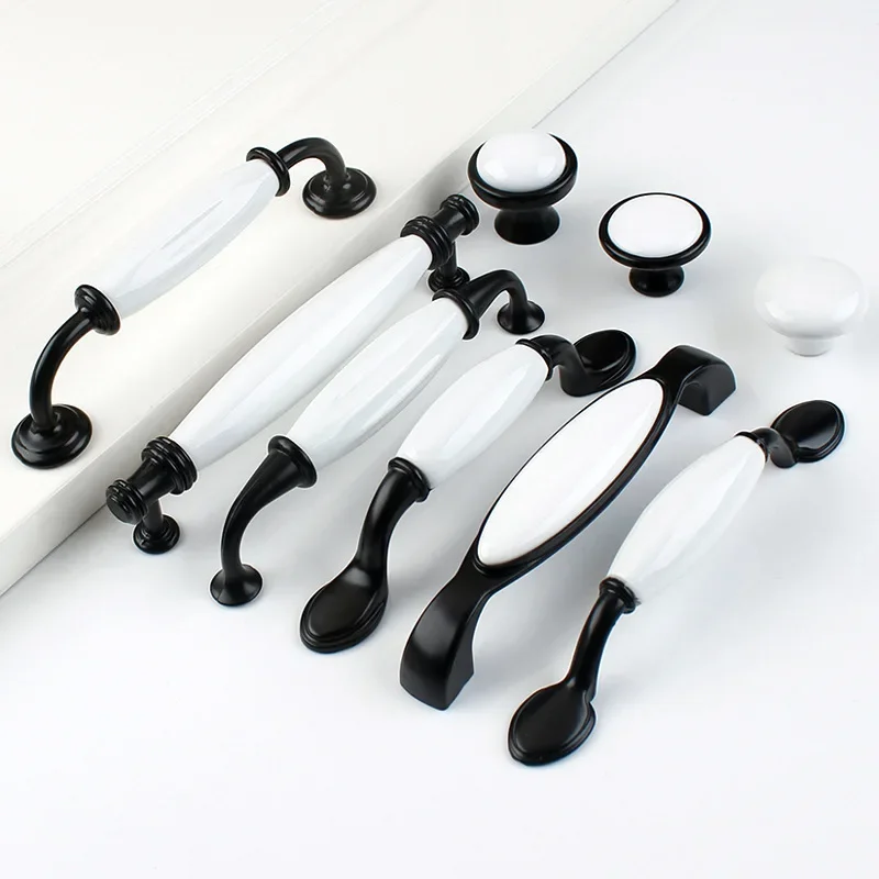 Black / White Door Handles Country Style Ceramic Drawer Pulls Knob Kitchen Cabinet Handles and Knobs Furniture Handles