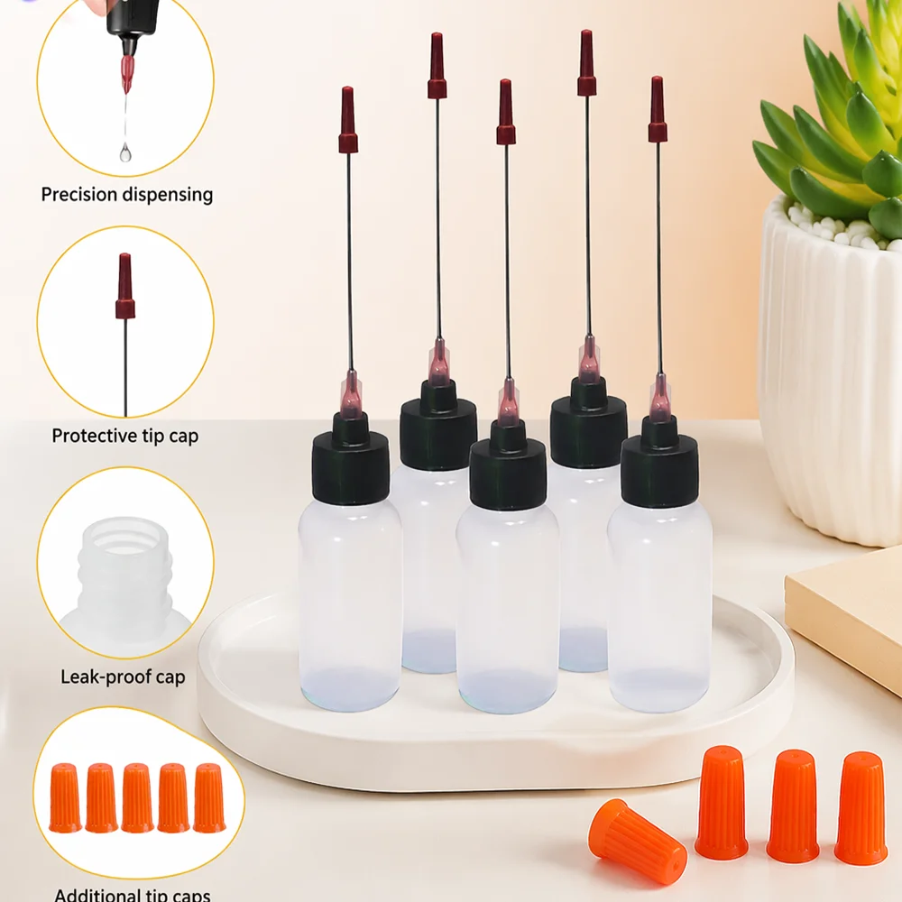 1 Set of Plastic Dispensing Bottles (5 Squeeze Bottles + 5 Needles + 5 Needle Protective Covers + 5 Anti-Clogging Caps), Precision Oil Bottles, Ldpe Oil Dispenser with Extra-Long 1.5inch Stainless Steel Dispensing Tip — Suitable for Various Scenarios Such as Crafts, Hinges, Sewing Machines, Etc., Easy to Use