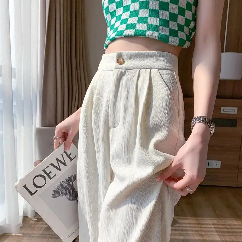 Ice Silk Chiffon Wide Legs Women's Narrow Version Large Size Summer Thin High Waist Drooping Fat Mm Straight Suit Pants
