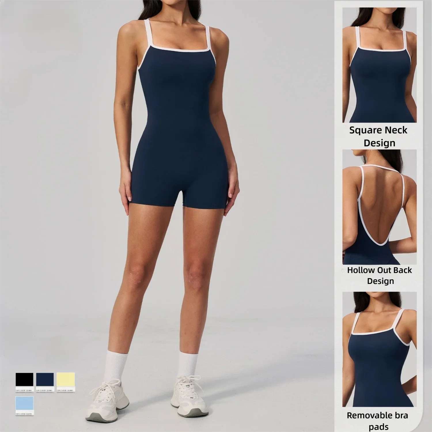 2026 New Square Neck Backless Yoga Jumpsuit Women Tight Ribbed One Piece Bodysuit Shorts Spaghetti Straps Gym Workout