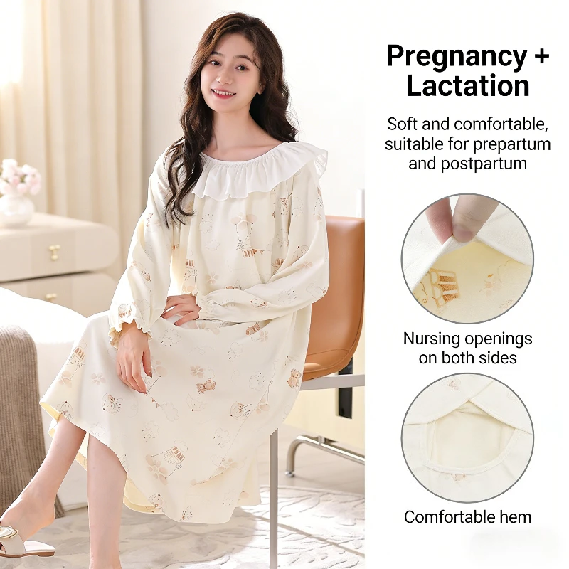 

Pure Cotton Nursing Nightgown Labor and Delivery Gown Hospital Breastfeeding Dress for Women Long Sleeve Maternity Sleepwear