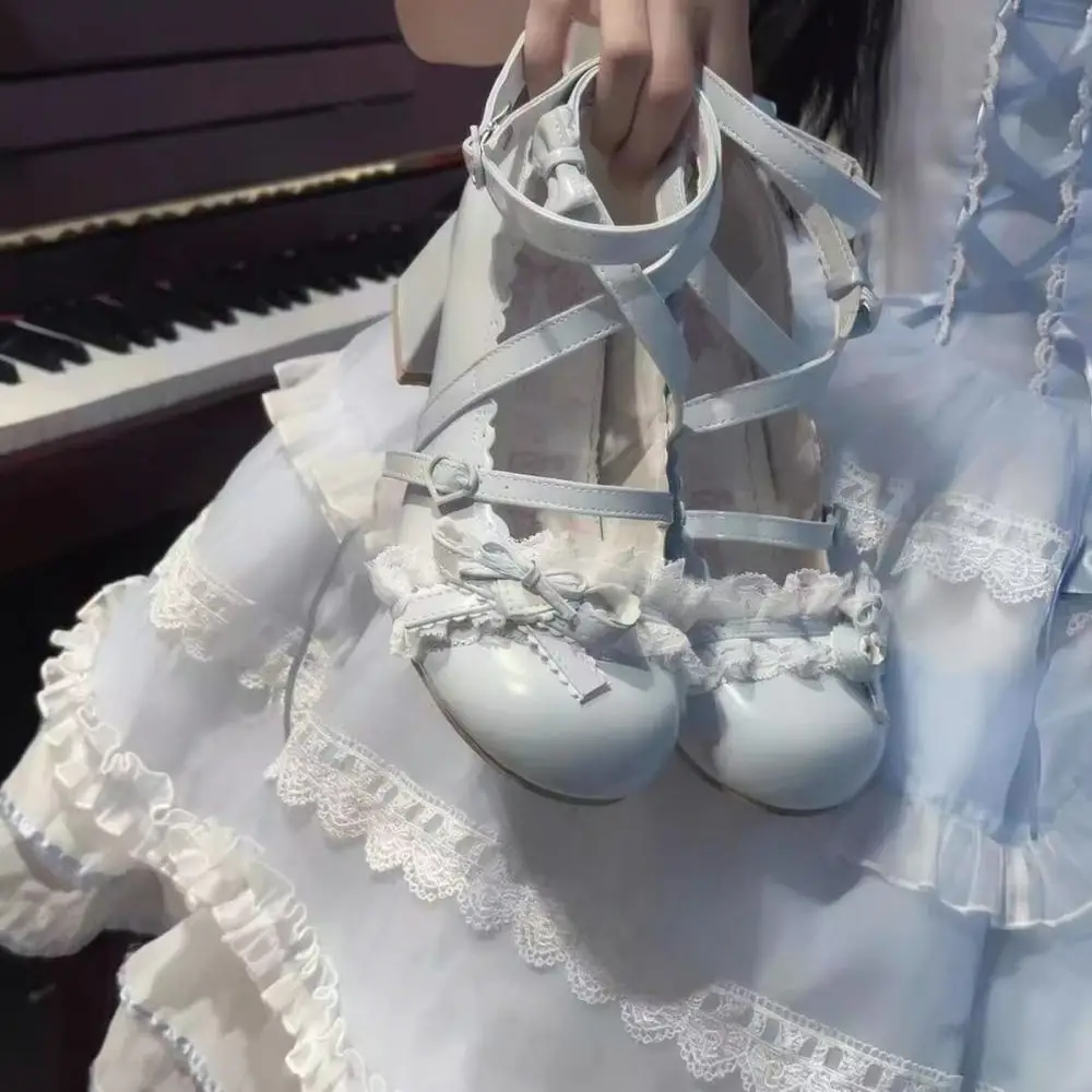 Sweet Mary Jane Heels Women Wedge Round Toe Lace Star Bell Decoration Aesthetic Doll Style Walking Shoes