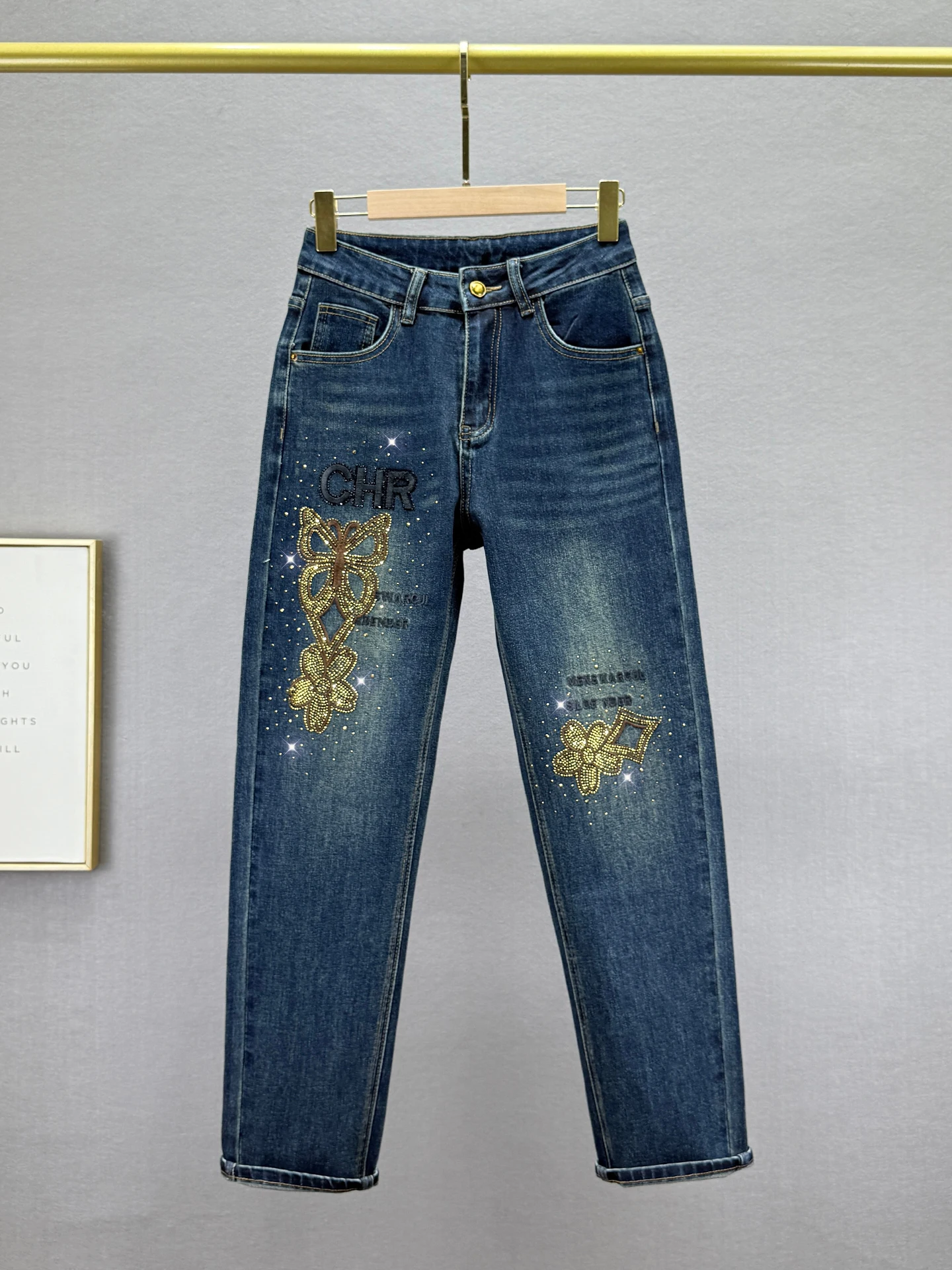 

Женские джинсы-шаровары с высокой талией из эластичного хлопка, модные, с вышивкой и стразами, винтажные, осенняя новинка