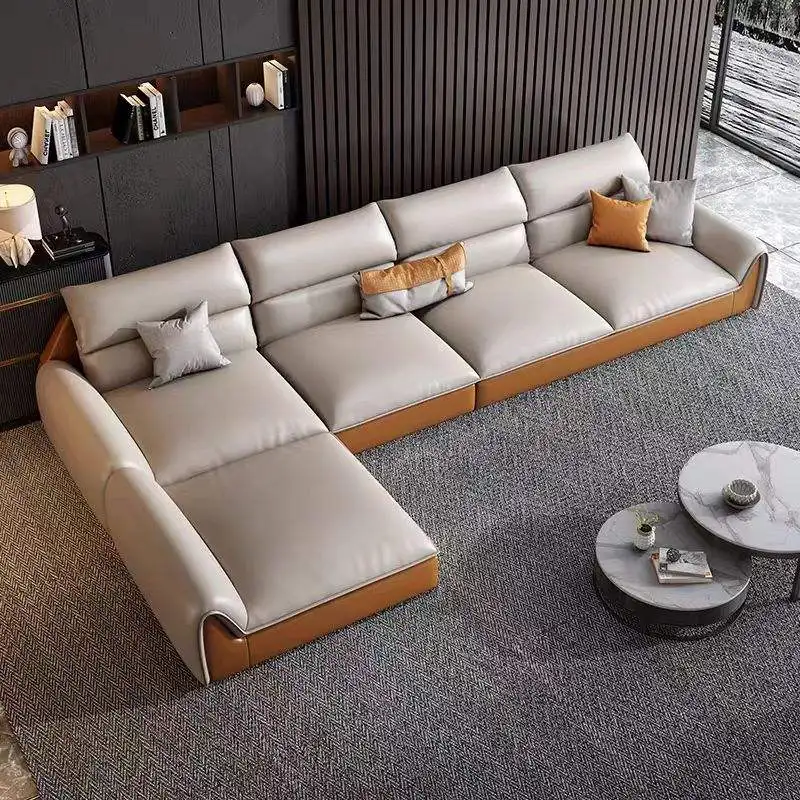 Modern Living Room Sectional Sofa With Comfort Cushions And Synthetic Leather Upholstery For Family Seating And Home Lounge Use