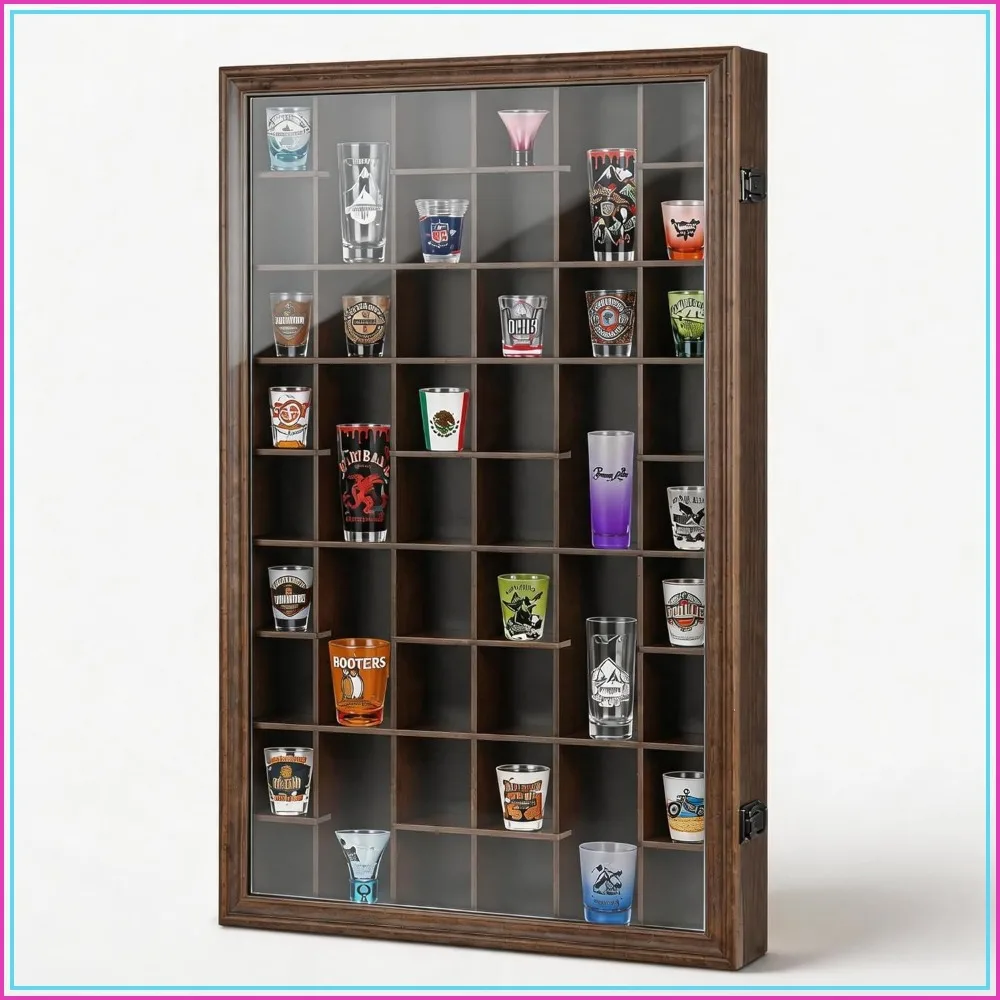 

46 Shot Glass Display Case for Wall, Lockable with UV Protection Acrylic Door, Walnut Finish