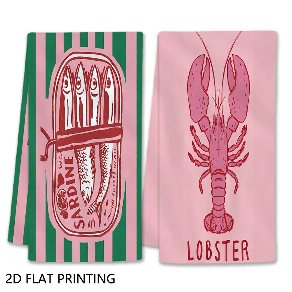 Jit 2pcs Sardine Can Lobster Stripe Pattern Dish Towels For Home Kitchen Seafood Lovers Decor