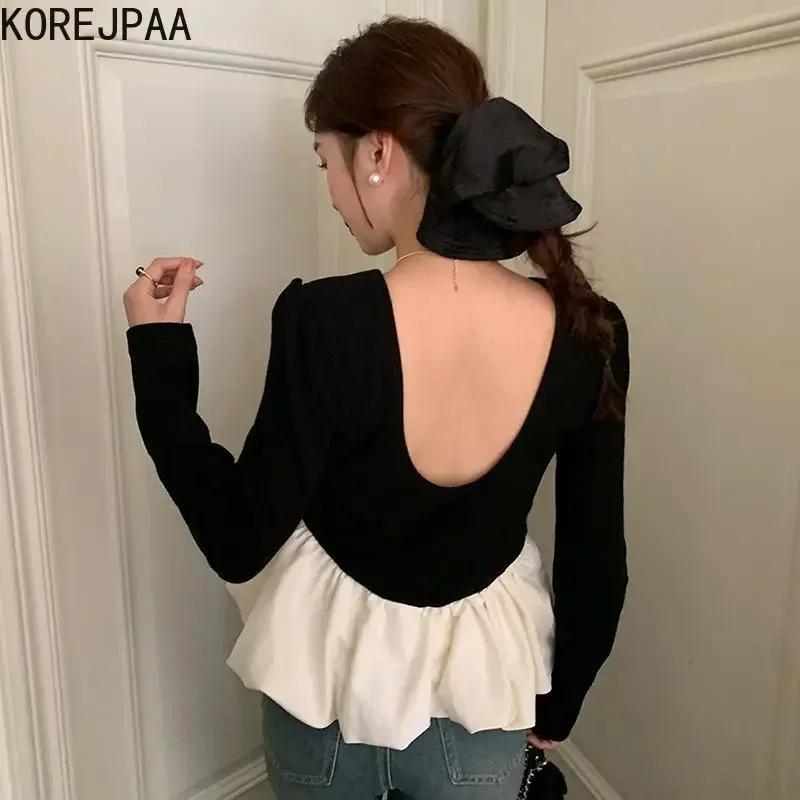 Korejpaa Autumn Retro Women Shirt Korean Fashion Round Neck Backless Ladies Tops Outwear Slimming Ruffled Patchwork Clothes