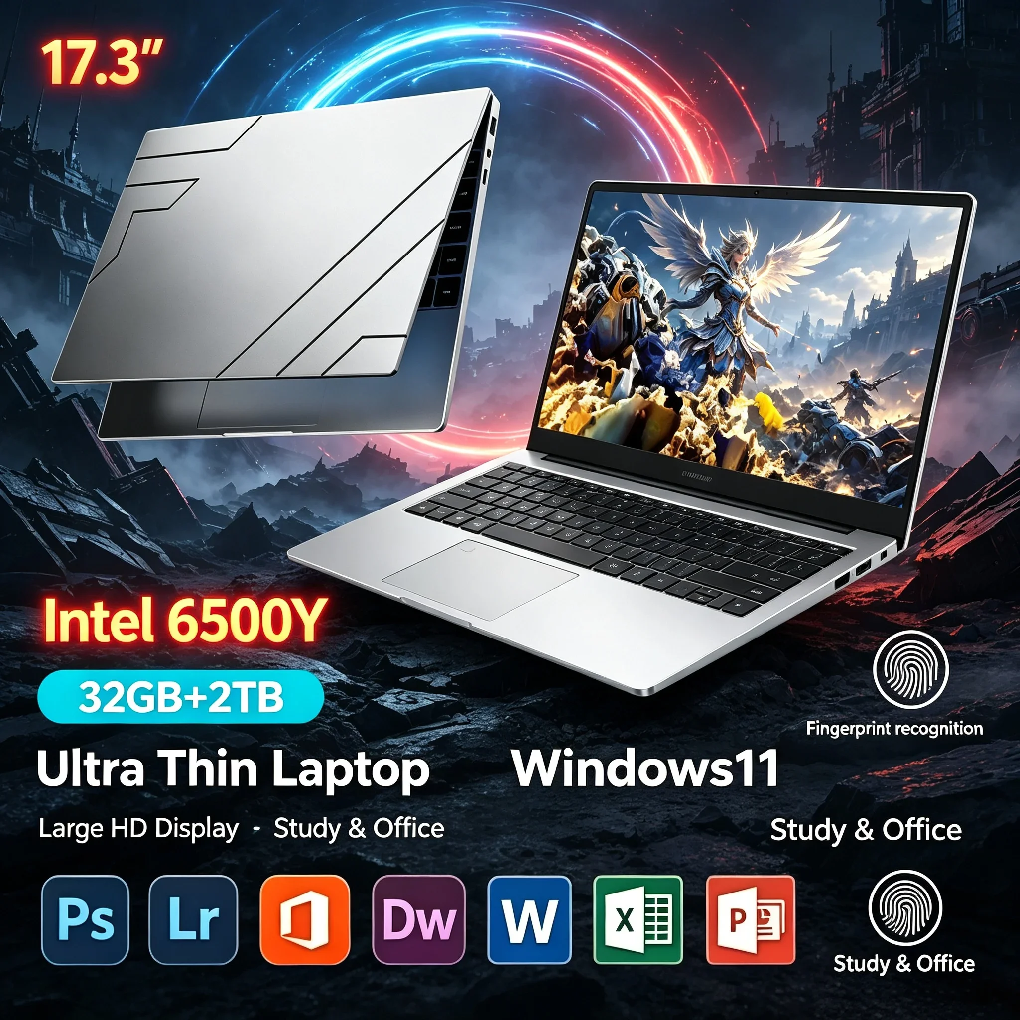 New Intel 6500Y Portable Notebook 17.3'' Inch 32GB RAM 1TB/2TB SSD Win11 WiFi6 BT5.2 Backlit Keyboard Business Study Work Laptop