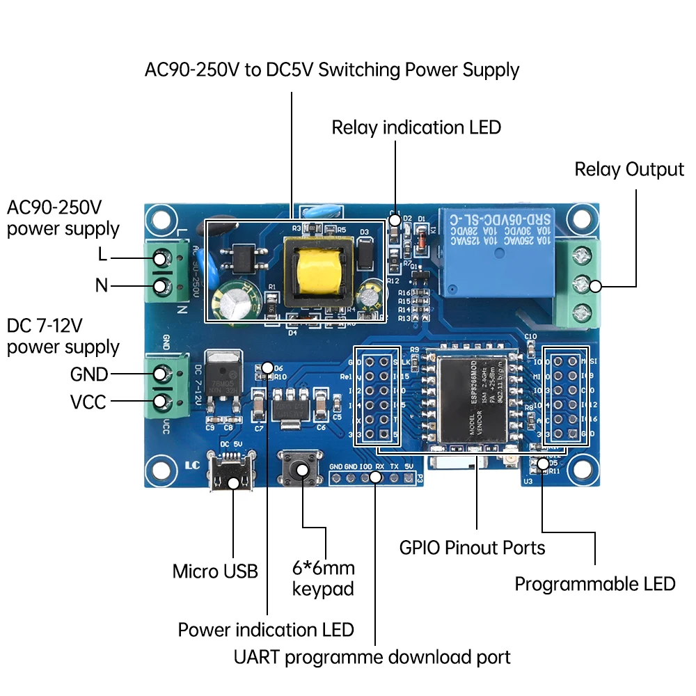 1/2/4/8 Channel ESP-07 WIFI Bluetooth-compatible BLE Relay Module AC90-250V/DC5-30V Power Supply ESP8266 Development Board